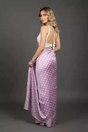 Mauve printed satin bridesmaid saree with blouse piece