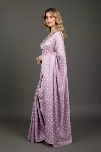Mauve printed satin bridesmaid saree with blouse piece