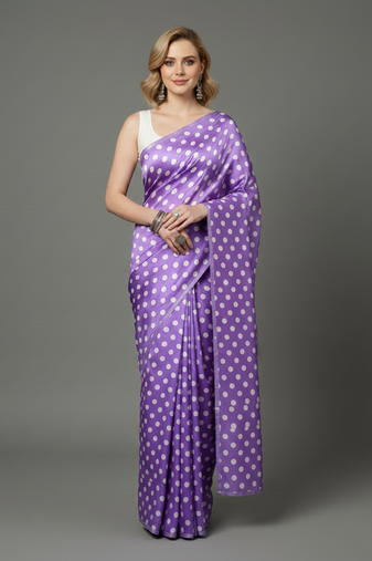 Purple printed satin saree with blouse piece