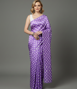Purple printed satin saree with blouse piece