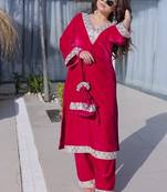 Rani Pink Velvet Zari & Mirror Work Kurta Set