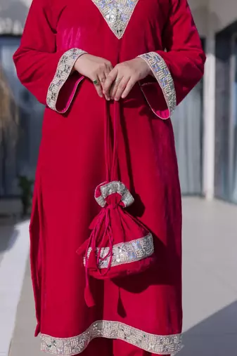 Rani Pink Velvet Zari & Mirror Work Kurta Set