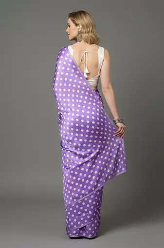 Purple printed satin bridesmaid saree with blouse piece