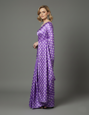 Purple printed satin bridesmaid saree with blouse piece 3