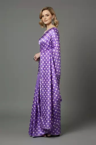 Purple printed satin bridesmaid saree with blouse piece