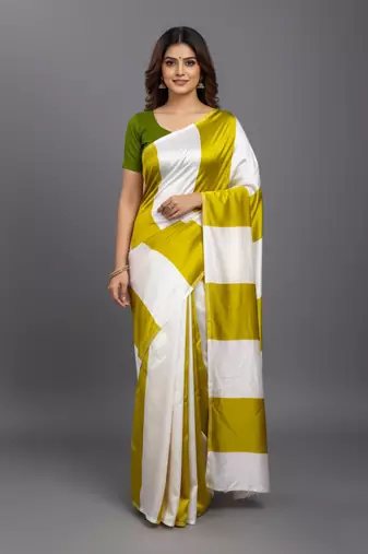 Mustard printed satin saree with blouse piece