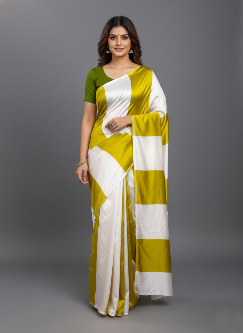 Mustard printed satin saree with blouse piece