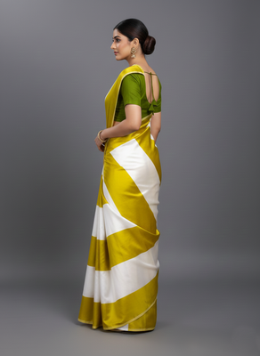 Mustard printed satin saree with blouse piece 3