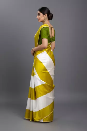 Mustard printed satin saree with blouse piece