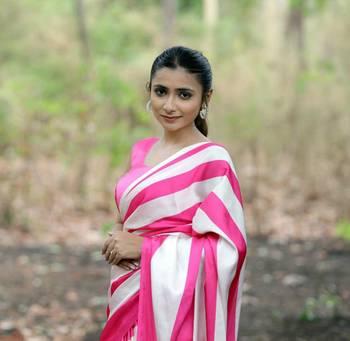 Pink printed satin saree with blouse piece 1