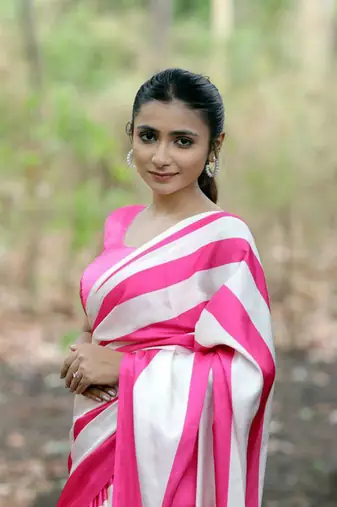 Pink printed satin saree with blouse piece