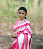 Pink printed satin saree with blouse piece