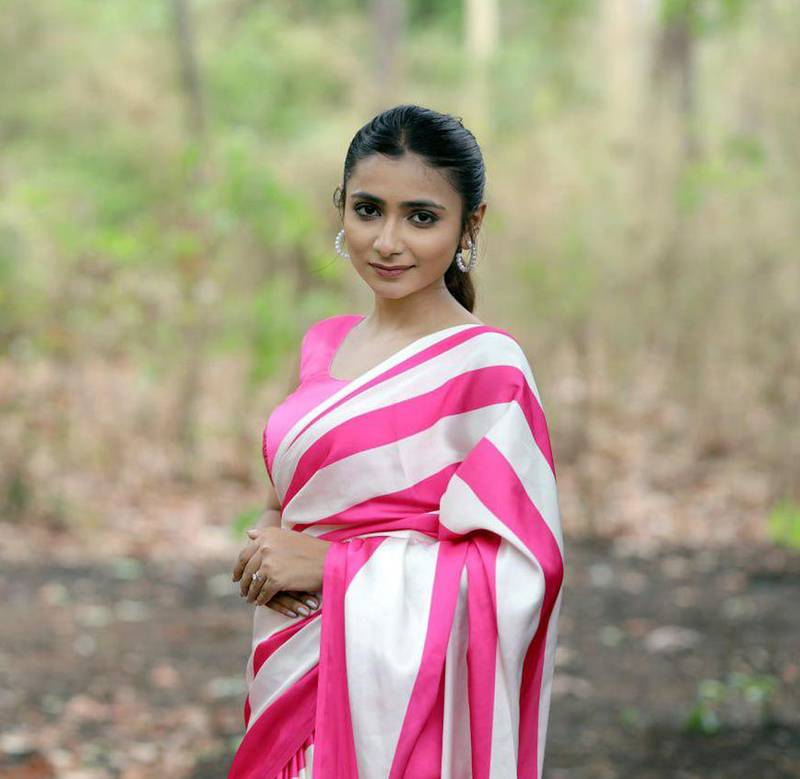 Pink printed satin saree with blouse piece