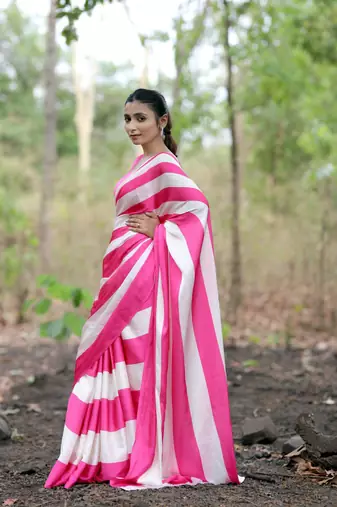 Pink printed satin saree with blouse piece