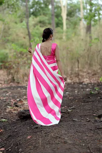 Pink printed satin saree with blouse piece