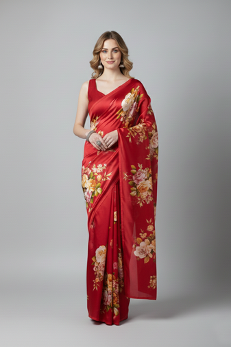 Red printed satin saree with blouse piece
