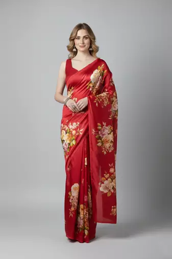 Red printed satin saree with blouse piece