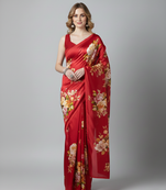 Red printed satin saree with blouse piece
