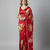 Red printed satin saree with blouse piece