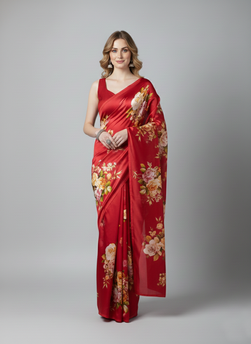 Red printed satin saree with blouse piece