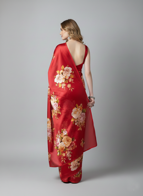 Red printed satin saree with blouse piece 2