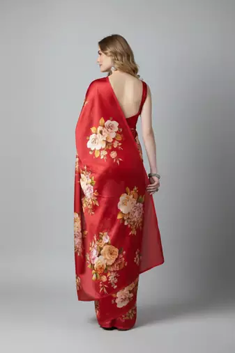 Red printed satin saree with blouse piece