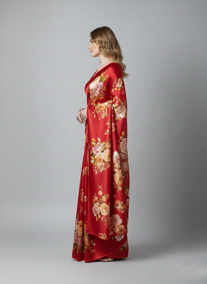 Red printed satin saree with blouse piece 3