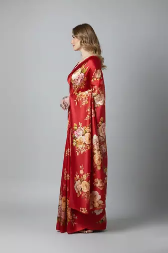 Red printed satin saree with blouse piece