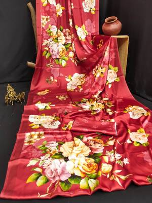 Red printed satin saree with blouse piece 4