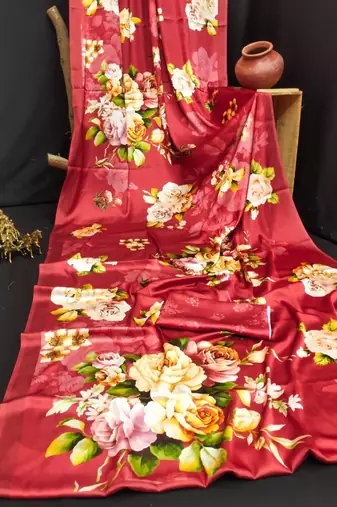 Red printed satin saree with blouse piece