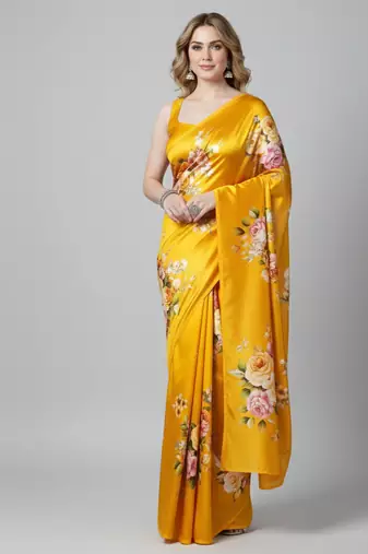 Yellow printed satin saree with blouse piece