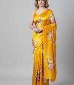 Yellow printed satin saree with blouse piece