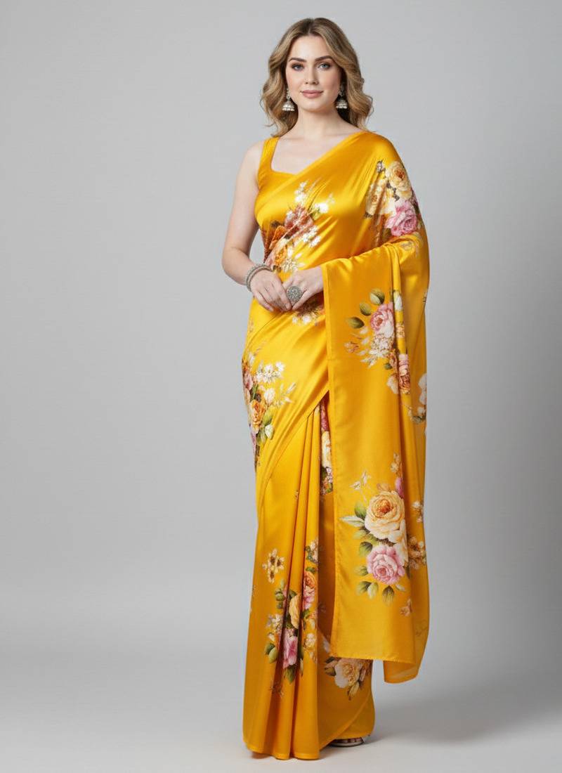 Yellow printed satin saree with blouse piece