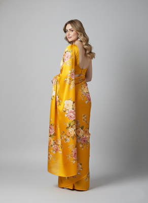 Yellow printed satin saree with blouse piece 2