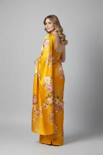 Yellow printed satin saree with blouse piece