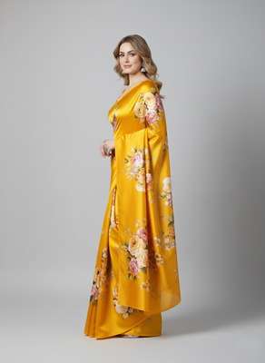 Yellow printed satin saree with blouse piece 3