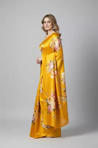 Yellow printed satin saree with blouse piece