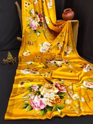Yellow printed satin saree with blouse piece 4