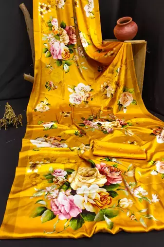 Yellow printed satin saree with blouse piece