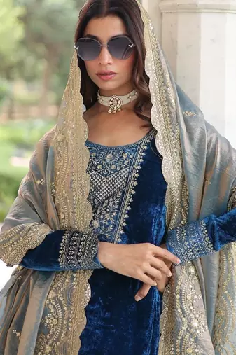Morpich Velvet Sequins & Zari Embroidered Kurta Set