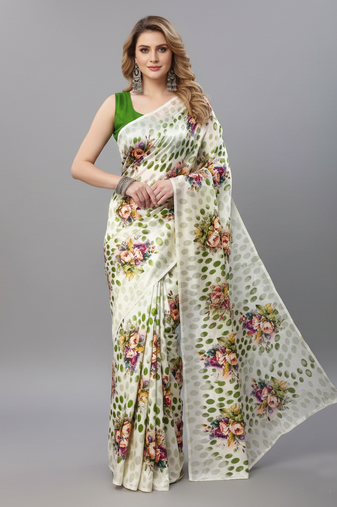 Green printed satin saree with blouse piece