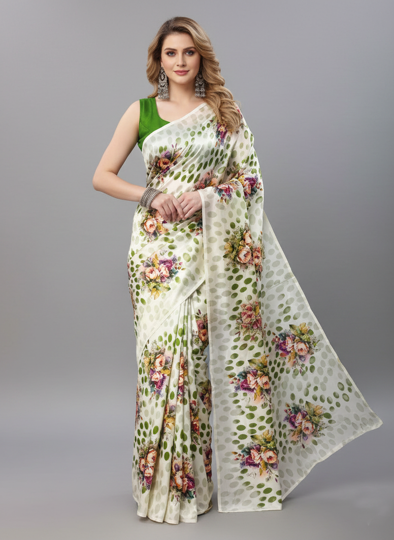 Green printed satin saree with blouse piece