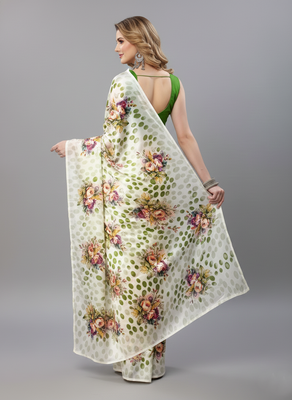 Green printed satin saree with blouse piece 2