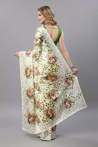 Green printed satin saree with blouse piece