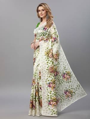 Green printed satin saree with blouse piece 3