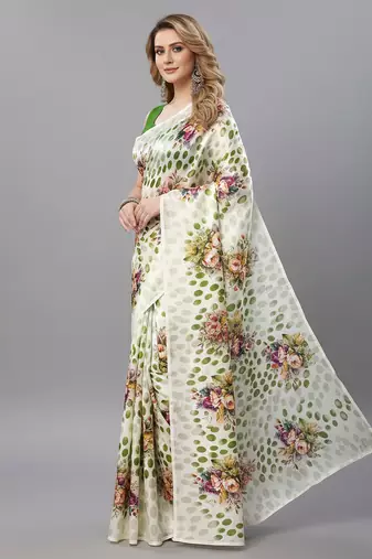 Green printed satin saree with blouse piece