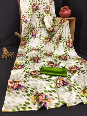 Green printed satin saree with blouse piece 4