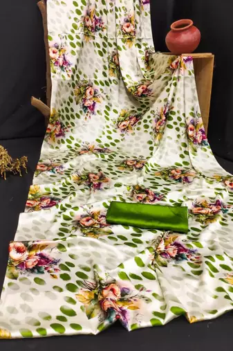 Green printed satin saree with blouse piece