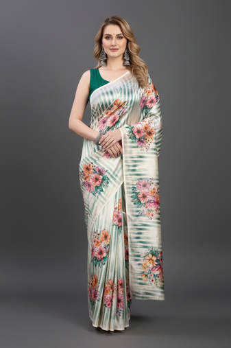 Cream printed satin saree with blouse piece