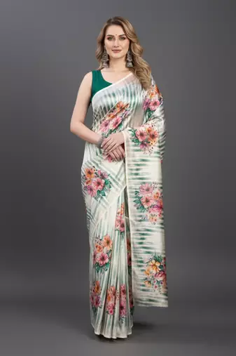 Cream printed satin saree with blouse piece